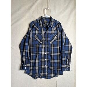 High Noon Mens Blue Black Plaid Western Snap Shirt Long Sleeve Large Tall 7896